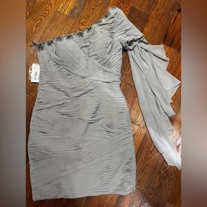 NWT Jovani Silver One-Shoulder Ruched Cocktail Dress Size 14